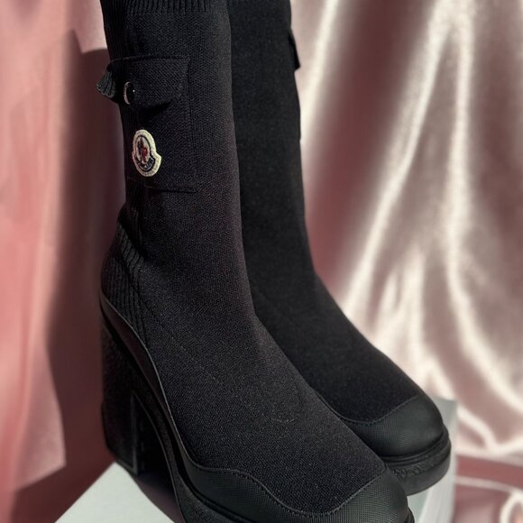Moncler Splora Pocket Black Sock Bootie Fashion Chunky Block Platform Heel Boots - Picture 4 of 11